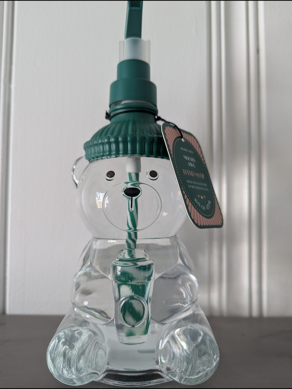 Glass Bear Cup Soap Dispenser with Green Straw Lid